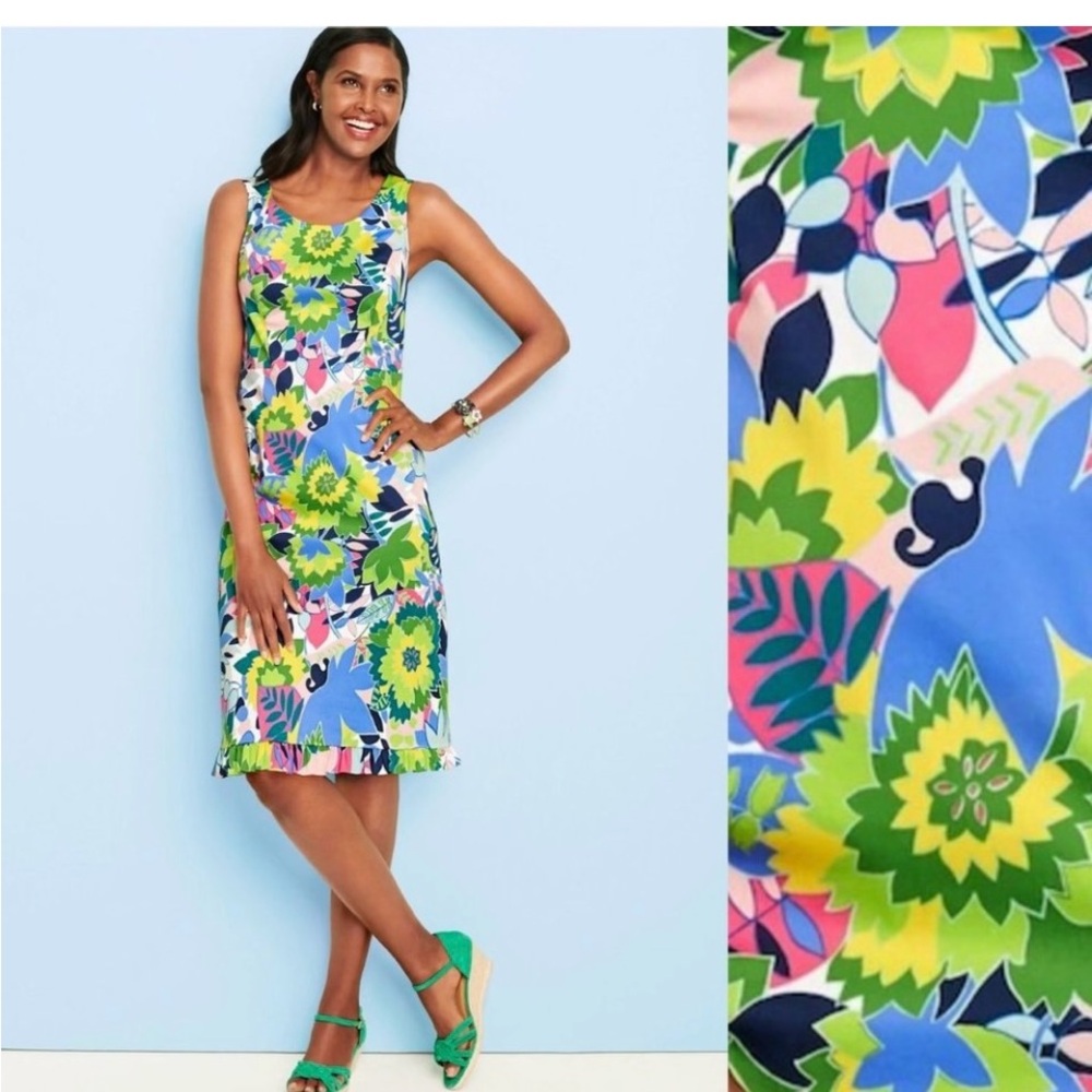 Talbots Size 8P - Tropical Floral Print Sateen Sleeveless Sheath Dress w/Ruffle